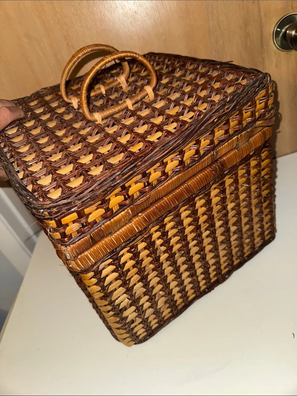 Vintage Wicker Rattan Picnic Storage Sewing Yarn Lined Basket Large No Handle